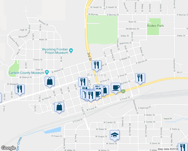 map of restaurants, bars, coffee shops, grocery stores, and more near 315 West Spruce Street in Rawlins