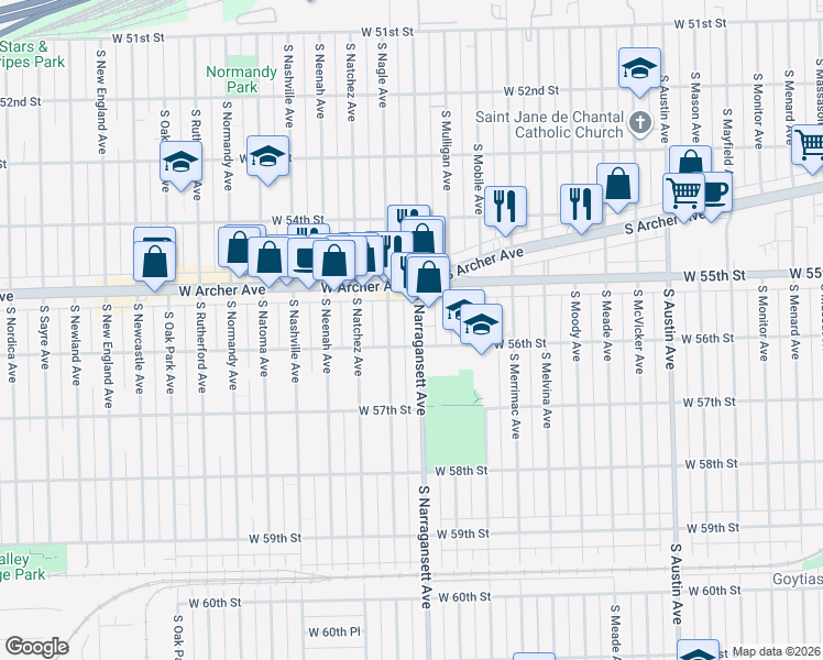 map of restaurants, bars, coffee shops, grocery stores, and more near 5523 South Narragansett Avenue in Chicago