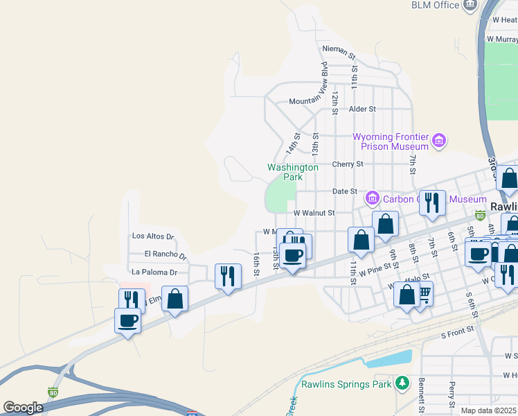 map of restaurants, bars, coffee shops, grocery stores, and more near 714 Mountain View Boulevard in Rawlins