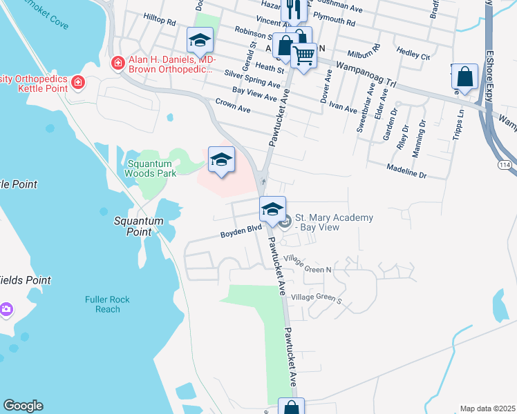 map of restaurants, bars, coffee shops, grocery stores, and more near 3048 Rhode Island 103 in East Providence