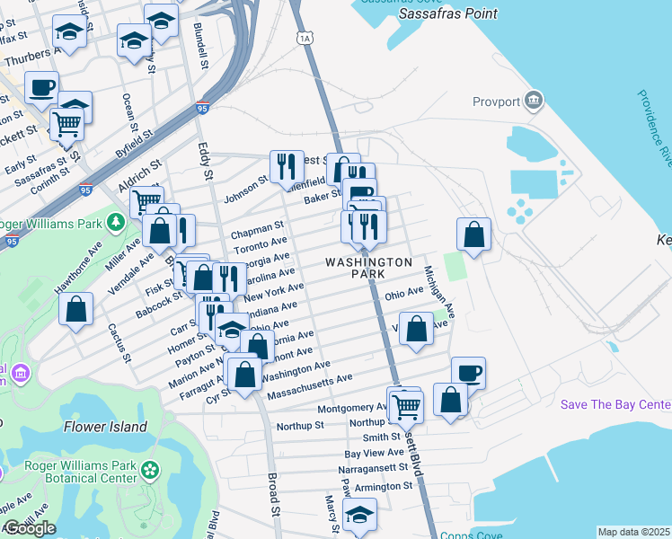 map of restaurants, bars, coffee shops, grocery stores, and more near 141 Carolina Avenue in Providence
