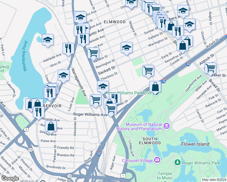 map of restaurants, bars, coffee shops, grocery stores, and more near 147 Longfellow Street in Providence