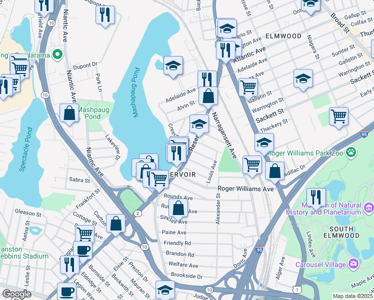map of restaurants, bars, coffee shops, grocery stores, and more near 1 Crescent Street in Providence