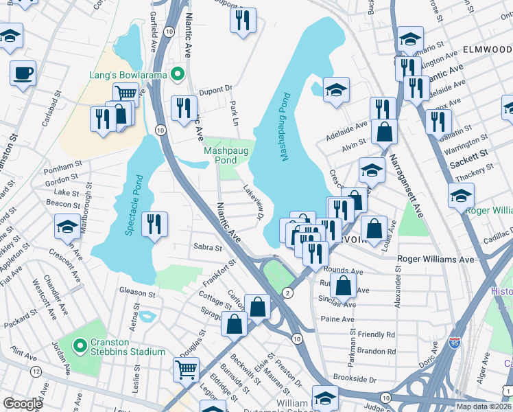 map of restaurants, bars, coffee shops, grocery stores, and more near 126 Lakeview Drive in Providence