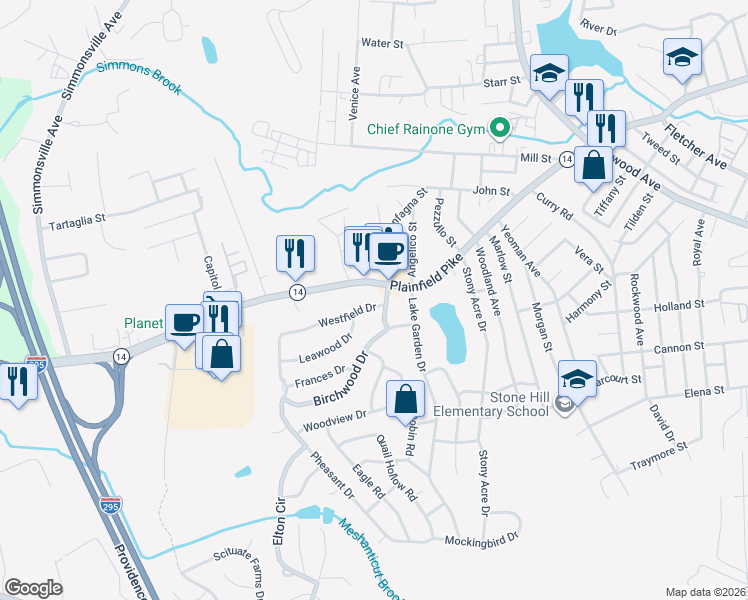 map of restaurants, bars, coffee shops, grocery stores, and more near 1563 Plainfield Pike in Johnston