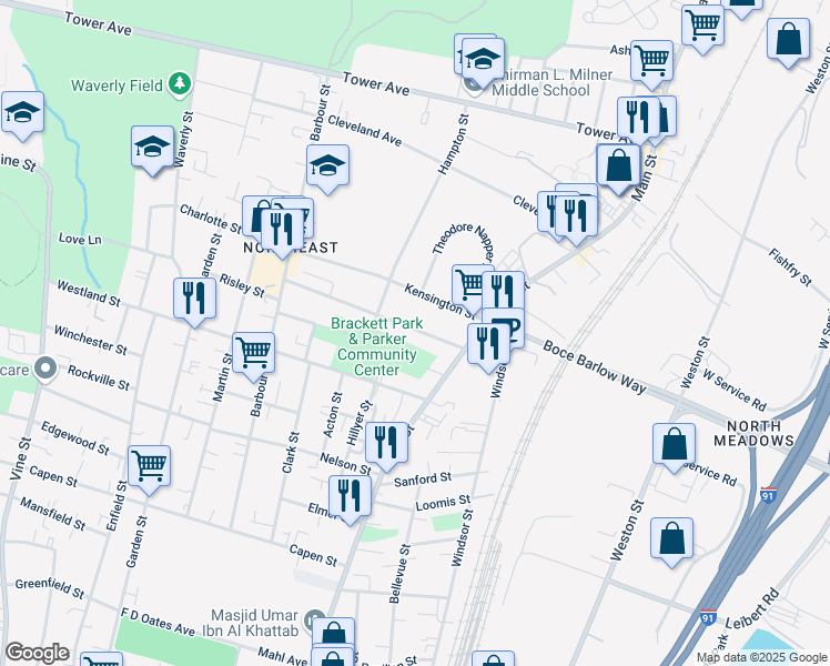 map of restaurants, bars, coffee shops, grocery stores, and more near 57 Kensington Street in Hartford