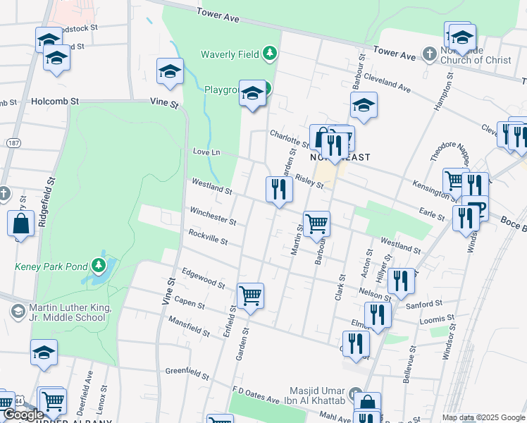 map of restaurants, bars, coffee shops, grocery stores, and more near 234 Westland Street in Hartford