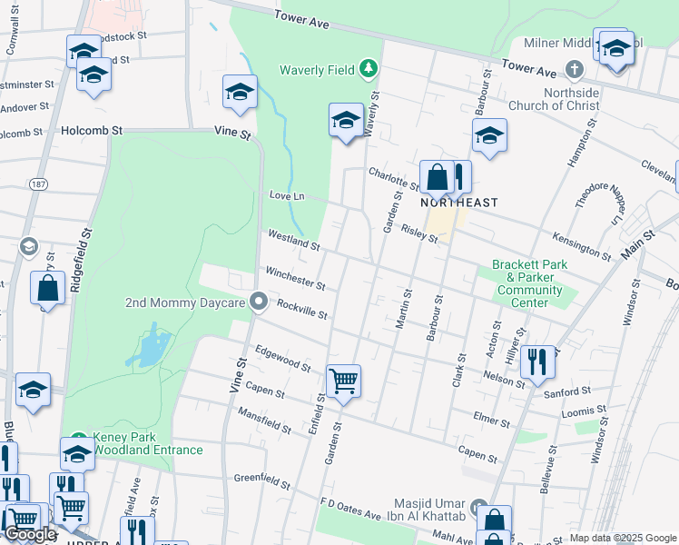 map of restaurants, bars, coffee shops, grocery stores, and more near 234 Westland Street in Hartford