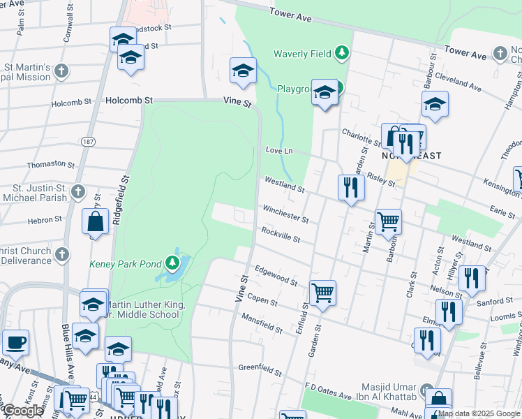 map of restaurants, bars, coffee shops, grocery stores, and more near 366 Vine Street in Hartford