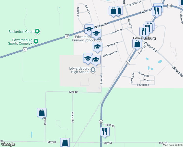 map of restaurants, bars, coffee shops, grocery stores, and more near 69358 Section Street in Edwardsburg