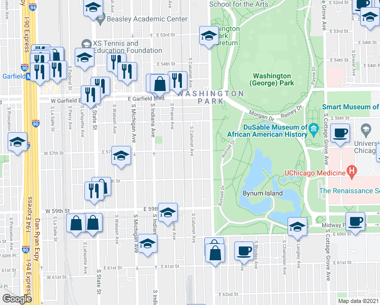 map of restaurants, bars, coffee shops, grocery stores, and more near 5648 South Calumet Avenue in Chicago