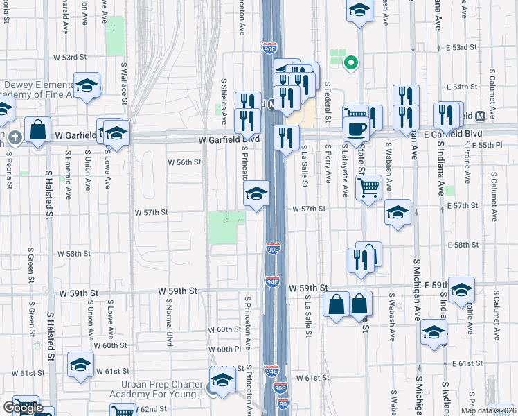 map of restaurants, bars, coffee shops, grocery stores, and more near 5623 South Wells Street in Chicago