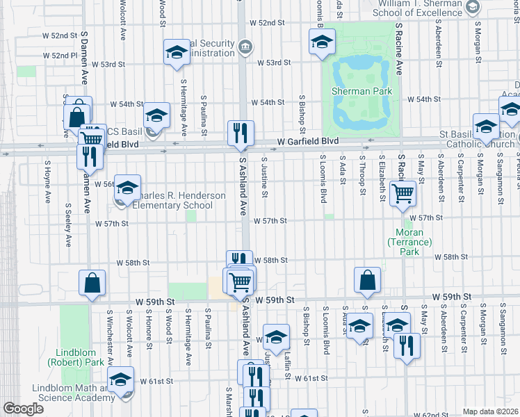 map of restaurants, bars, coffee shops, grocery stores, and more near 5623 South Justine Street in Chicago