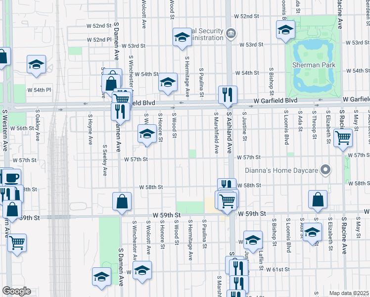 map of restaurants, bars, coffee shops, grocery stores, and more near 5621 South Wood Street in Chicago