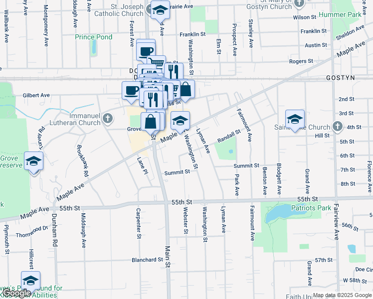 map of restaurants, bars, coffee shops, grocery stores, and more near 929 Maple Avenue in Downers Grove