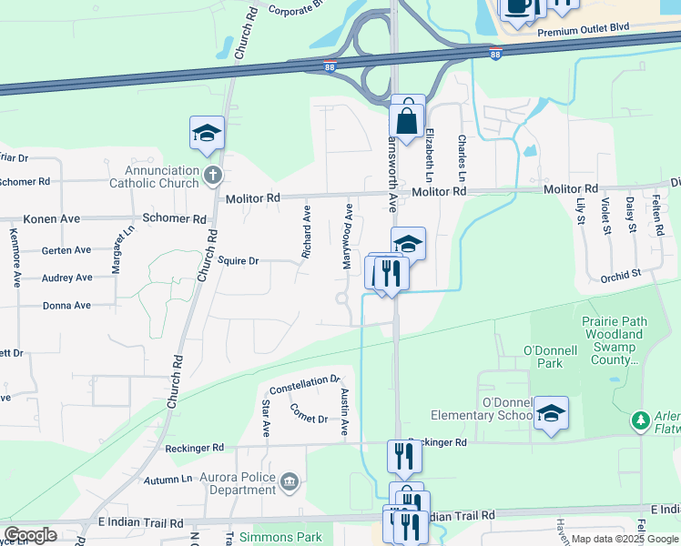 map of restaurants, bars, coffee shops, grocery stores, and more near 1675 North Marywood Avenue in Aurora