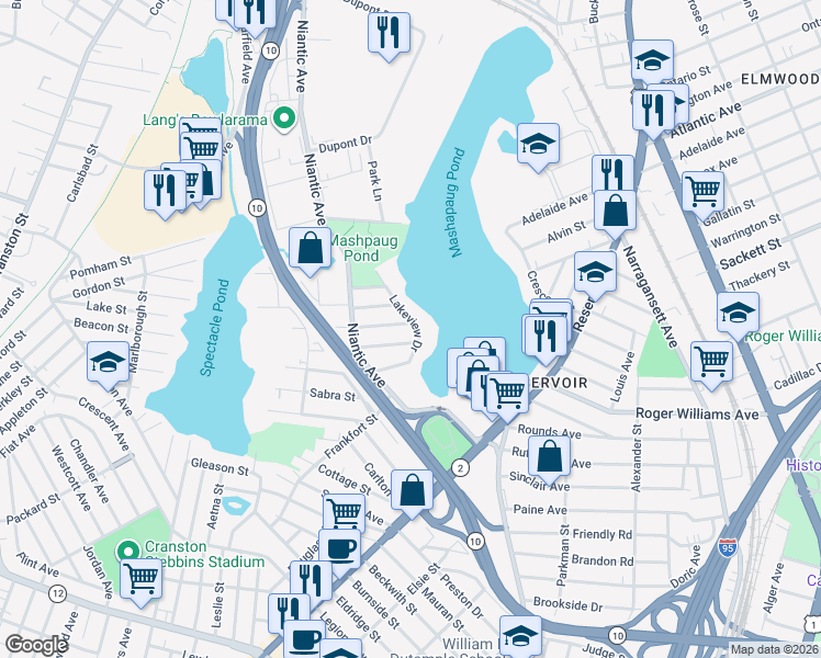 map of restaurants, bars, coffee shops, grocery stores, and more near 126 Lakeview Drive in Providence