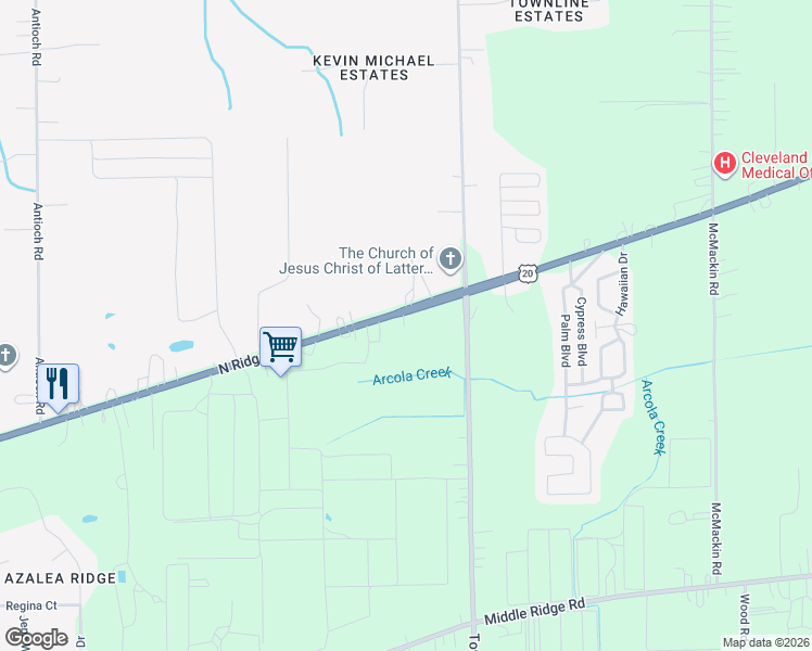 map of restaurants, bars, coffee shops, grocery stores, and more near 5110 North Ridge Road in Perry