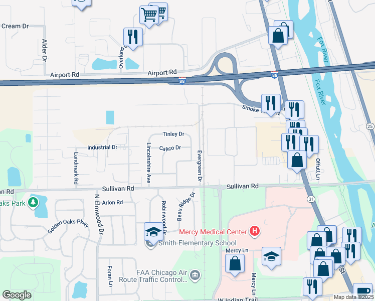 map of restaurants, bars, coffee shops, grocery stores, and more near 704 Calico Drive in Aurora