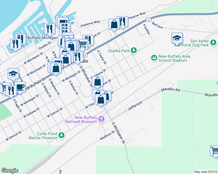 map of restaurants, bars, coffee shops, grocery stores, and more near 300 South Townsend Street in New Buffalo