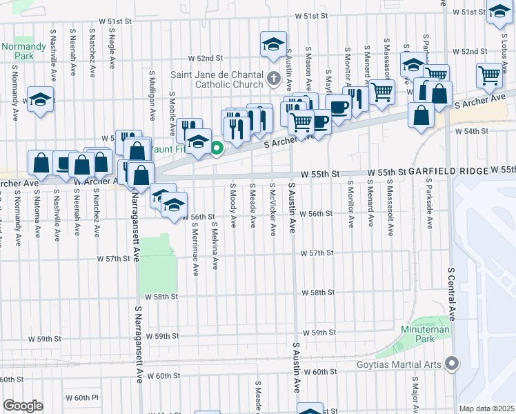 map of restaurants, bars, coffee shops, grocery stores, and more near 5531 South Meade Avenue in Chicago