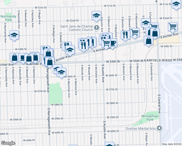map of restaurants, bars, coffee shops, grocery stores, and more near 5549 South Meade Avenue in Chicago