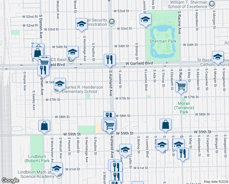 map of restaurants, bars, coffee shops, grocery stores, and more near 5625 South Ashland Avenue in Chicago
