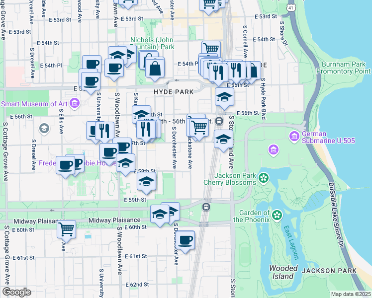 map of restaurants, bars, coffee shops, grocery stores, and more near 5710 South Blackstone Avenue in Chicago