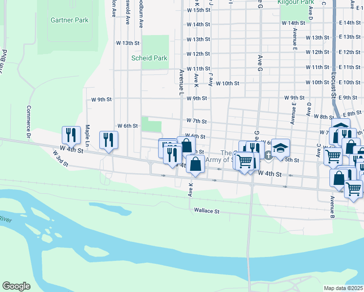 map of restaurants, bars, coffee shops, grocery stores, and more near 1107 West 6th Street in Sterling