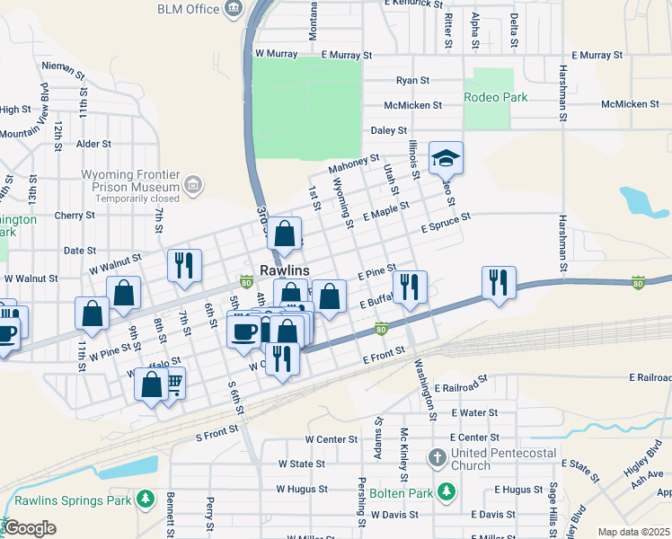 map of restaurants, bars, coffee shops, grocery stores, and more near 101 East Spruce Street in Rawlins