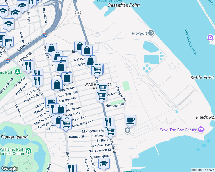 map of restaurants, bars, coffee shops, grocery stores, and more near 199 New York Avenue in Providence