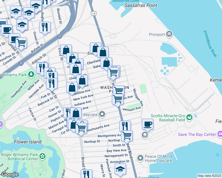 map of restaurants, bars, coffee shops, grocery stores, and more near 845 Allens Avenue in Providence
