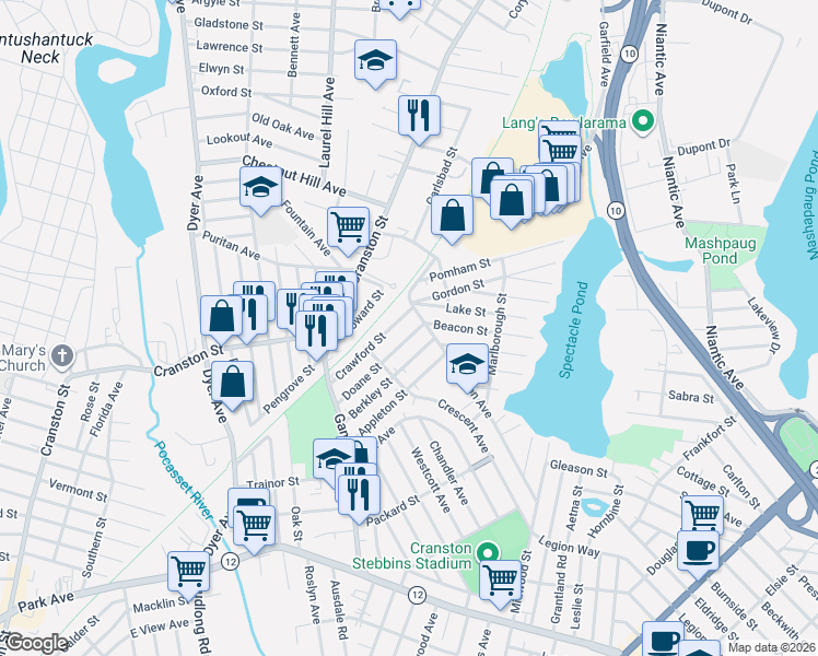 map of restaurants, bars, coffee shops, grocery stores, and more near 11 Crawford Street in Cranston