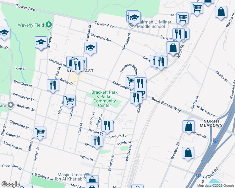 map of restaurants, bars, coffee shops, grocery stores, and more near 57 Kensington Street in Hartford