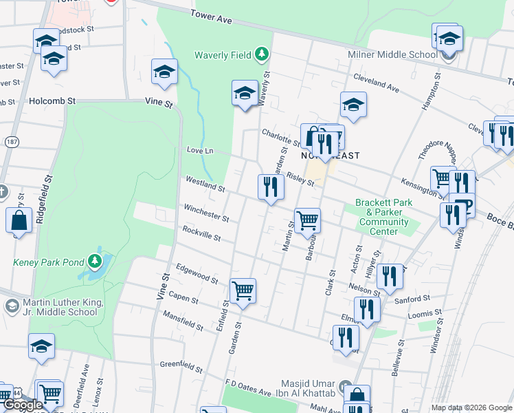map of restaurants, bars, coffee shops, grocery stores, and more near 234 Westland Street in Hartford