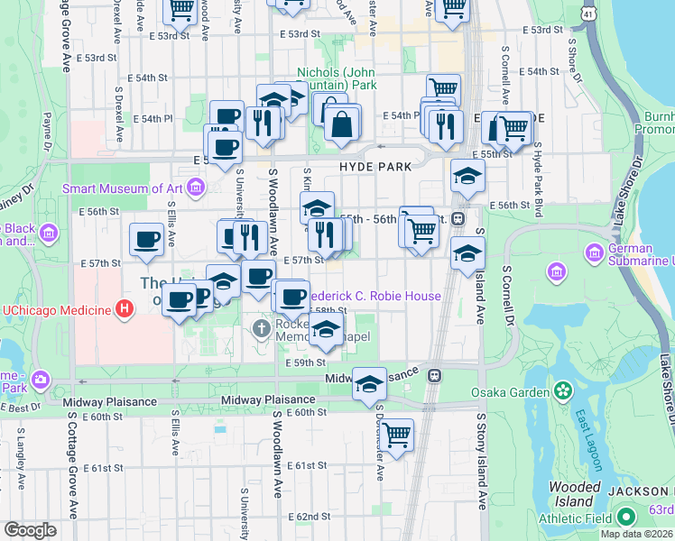 map of restaurants, bars, coffee shops, grocery stores, and more near 1321 East 57th Street in Chicago