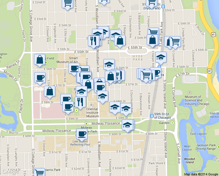 map of restaurants, bars, coffee shops, grocery stores, and more near 1220 East 57th Street in Chicago