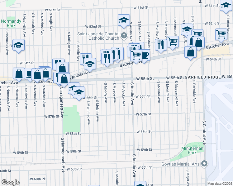 map of restaurants, bars, coffee shops, grocery stores, and more near 5531 South Meade Avenue in Chicago