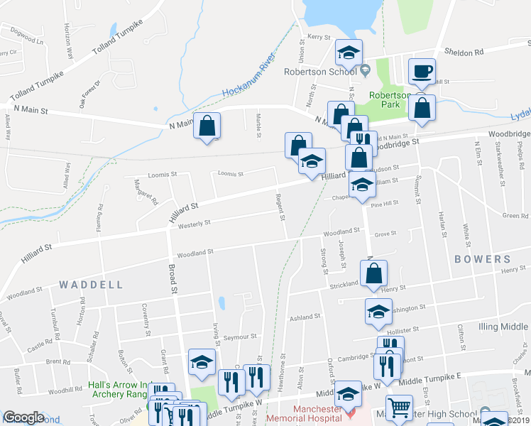 map of restaurants, bars, coffee shops, grocery stores, and more near 24 Westerly Street in Manchester