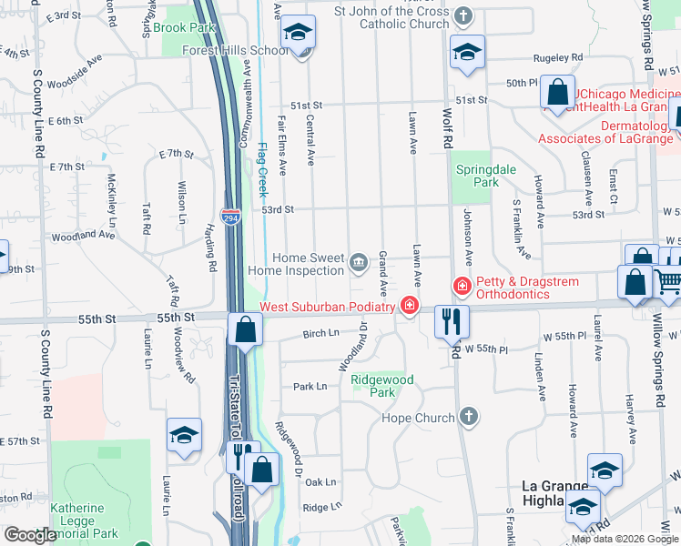 map of restaurants, bars, coffee shops, grocery stores, and more near 5400 Woodland Avenue in Western Springs