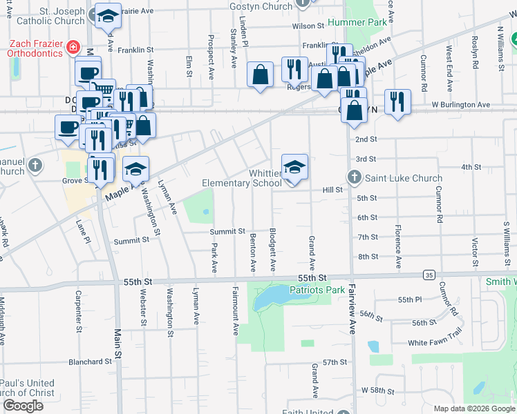 map of restaurants, bars, coffee shops, grocery stores, and more near 5245 Benton Avenue in Downers Grove