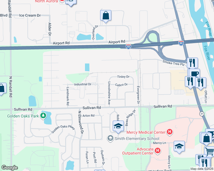 map of restaurants, bars, coffee shops, grocery stores, and more near 769 Calico Drive in Aurora