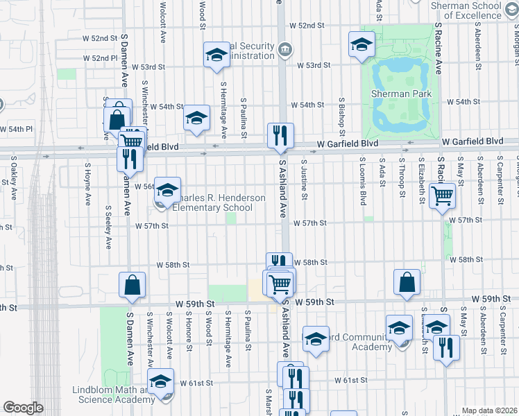 map of restaurants, bars, coffee shops, grocery stores, and more near 5620 South Marshfield Avenue in Chicago