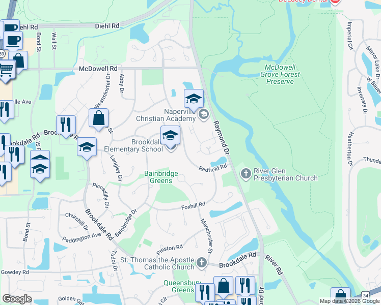 map of restaurants, bars, coffee shops, grocery stores, and more near 1211 Redfield Road in Naperville
