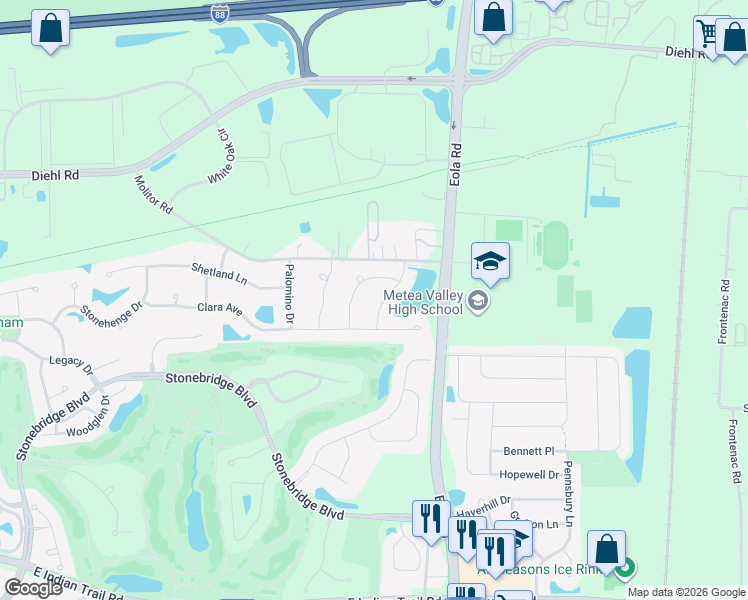 map of restaurants, bars, coffee shops, grocery stores, and more near 1600 Harris Drive in Aurora