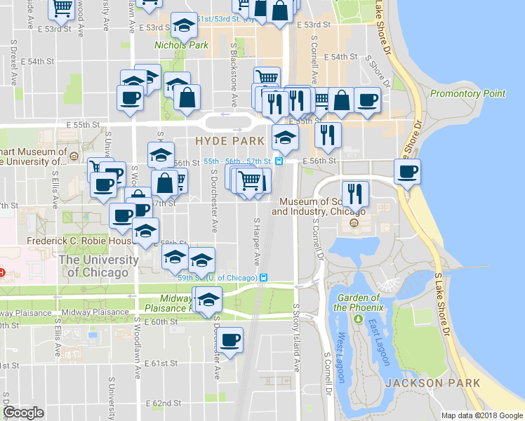 map of restaurants, bars, coffee shops, grocery stores, and more near 5709 South Harper Avenue in Chicago