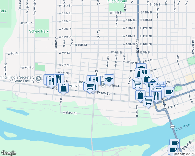 map of restaurants, bars, coffee shops, grocery stores, and more near 704 West 6th Street in Sterling
