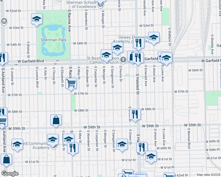 map of restaurants, bars, coffee shops, grocery stores, and more near 5631 South Morgan Street in Chicago