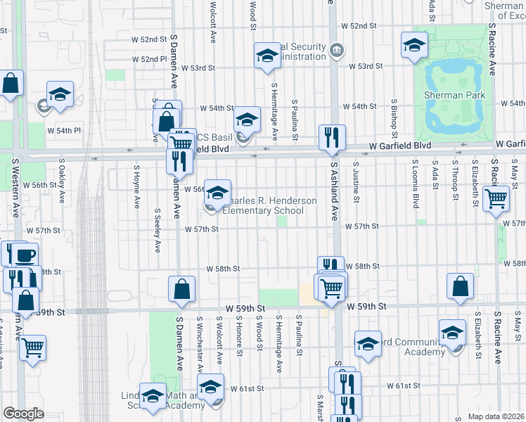map of restaurants, bars, coffee shops, grocery stores, and more near 5621 South Wood Street in Chicago
