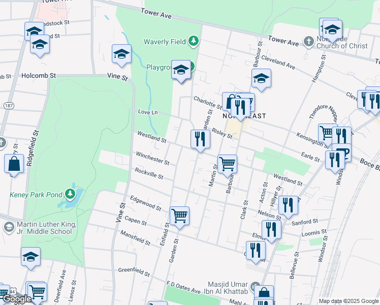 map of restaurants, bars, coffee shops, grocery stores, and more near 234 Westland Street in Hartford